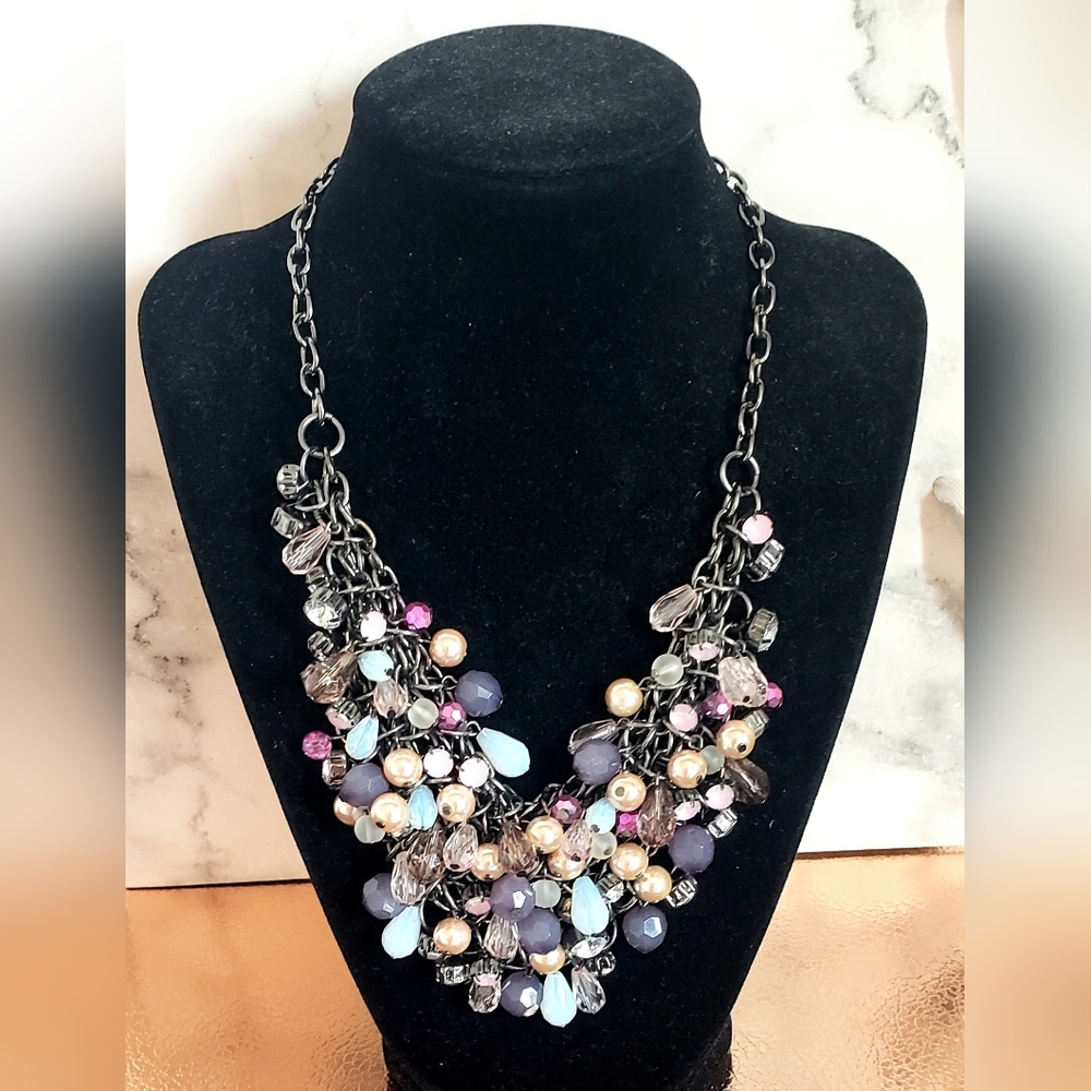 Y2K Vintage Beaded Chunky Multicolored Stones Bib Cluster Statement Necklace EXC
